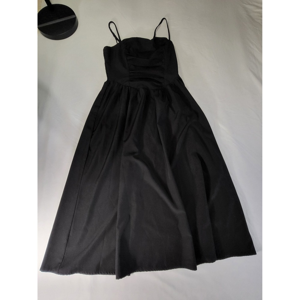 Black Ruched Bodice Midi Dress Adjustable Spaghetti Straps A-Line Size M